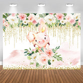 Aperturee - White and pink floral cute pig baby shower backdrop